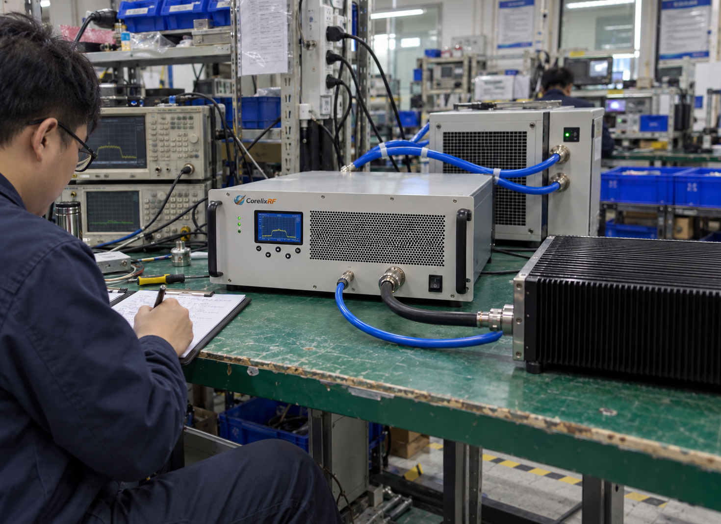 High-power RF test setup with the amplifier connected to the cooling loop and load