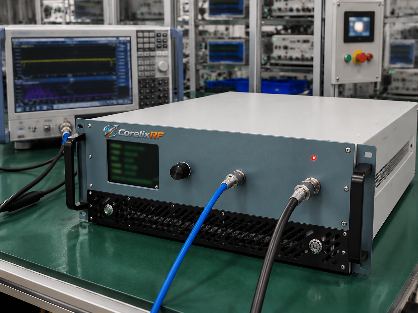 CorelixRF 800–2500 MHz 300 W rack amplifier on the factory test bench