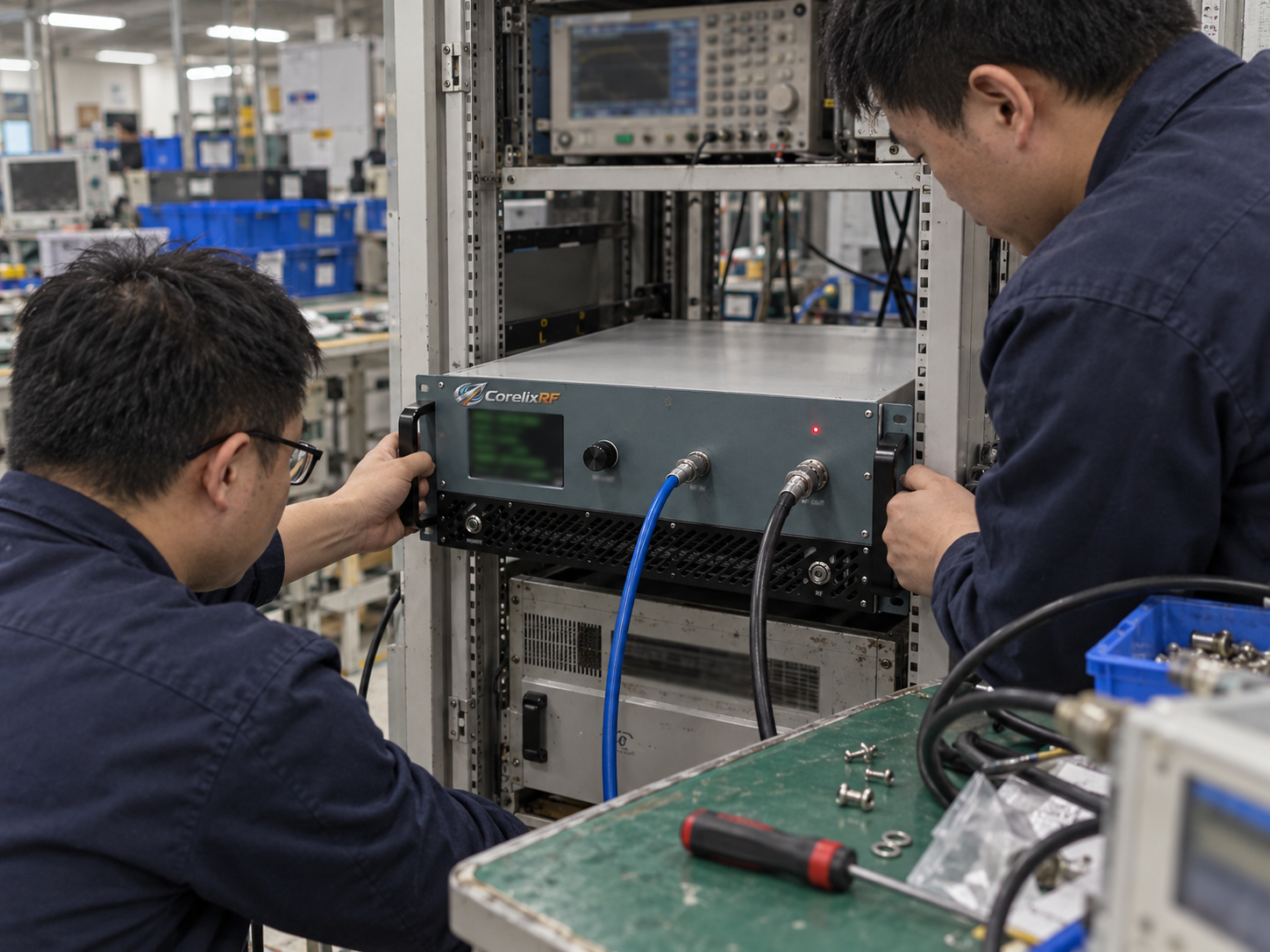 Technicians align the 4U amplifier on rack rails