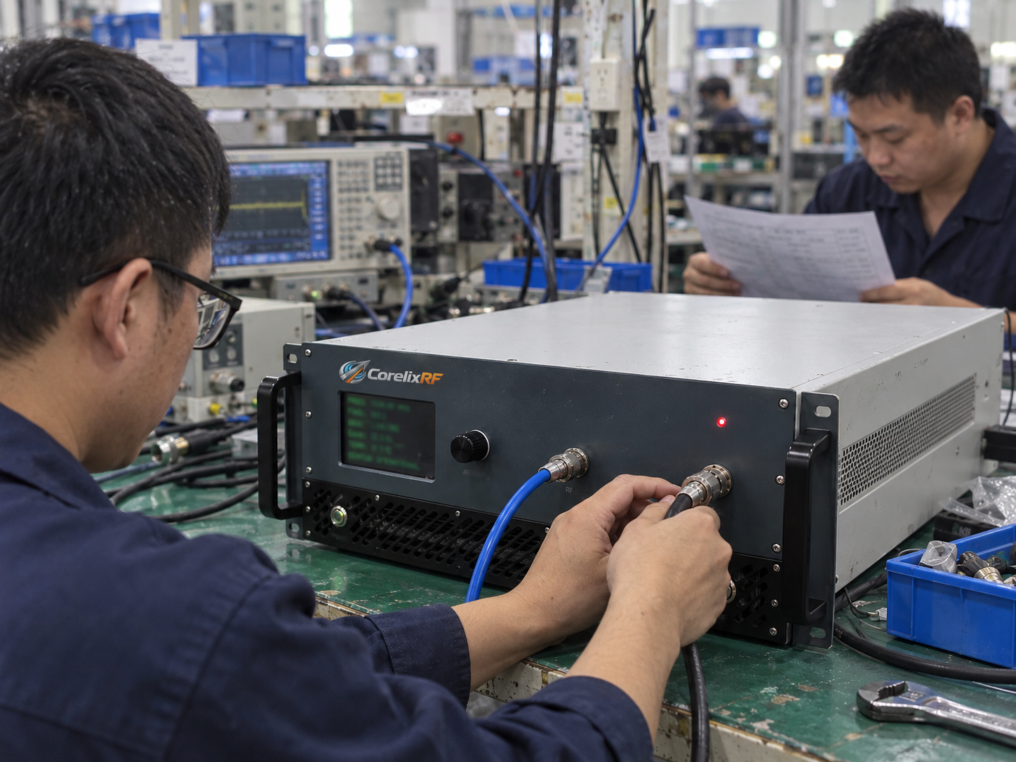 Bench verification of front-panel RF connections and acceptance records